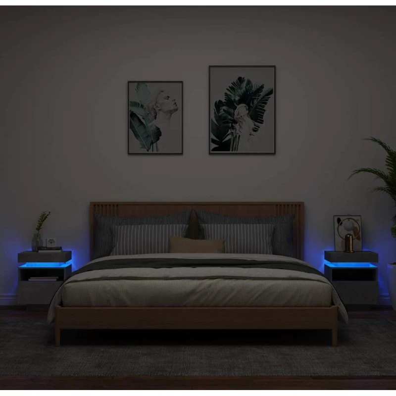 Sengeborde 2 stk. med RGB LED 40x39x48,5 cm – betongrå