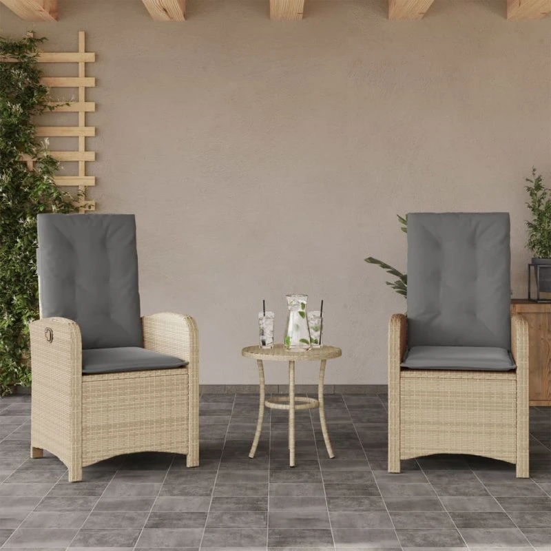 Havestole 2 stk. polyrattan med lænefunktion og hynder – beige