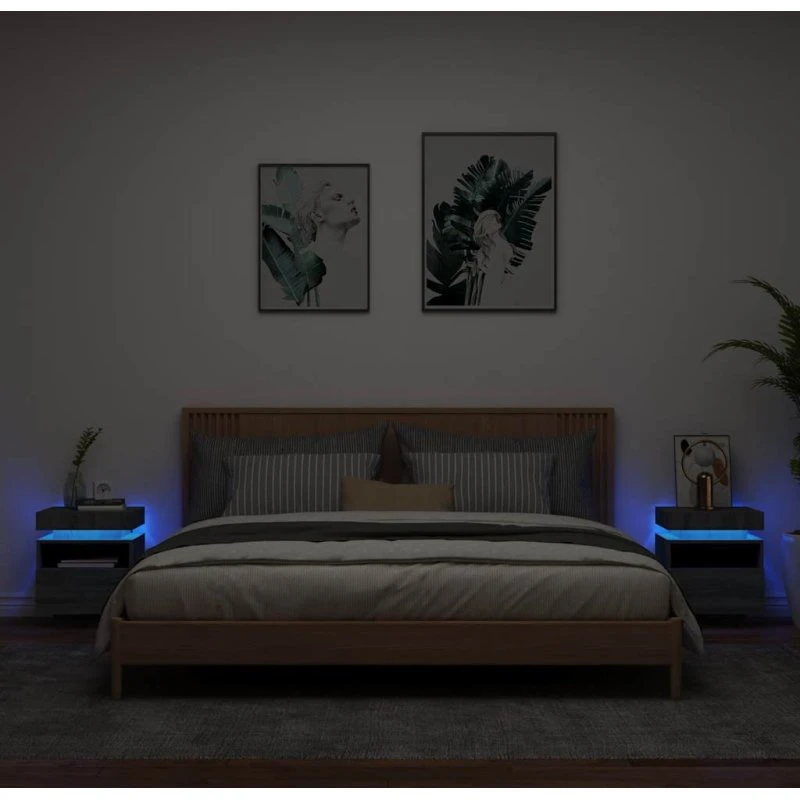 Sengeborde 2 stk. med RGB LED, 40×39×48,5 cm – Sonoma-grå