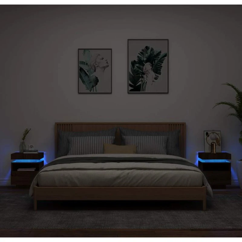 Sengeborde 2 stk. med RGB LED, brun egetræsfinish 40x39x48,5