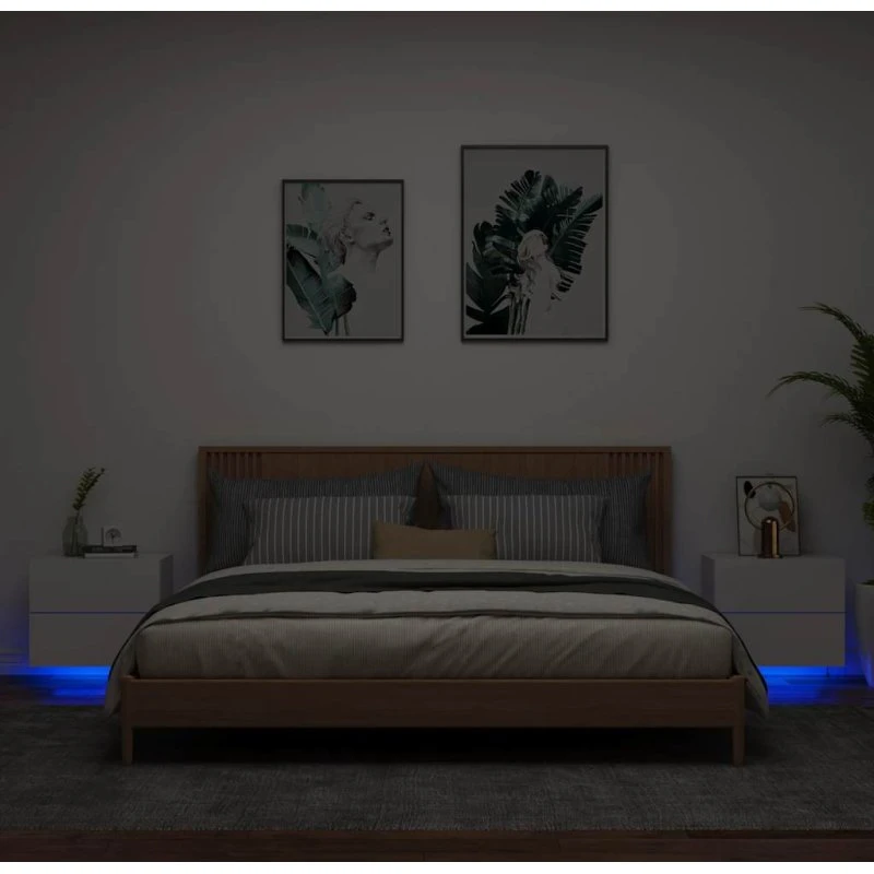 Væghængte sengeborde 2 stk. med RGB LED, hvid