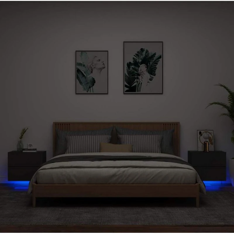 Væghængte sengeborde 2 stk. med RGB-LED, sort