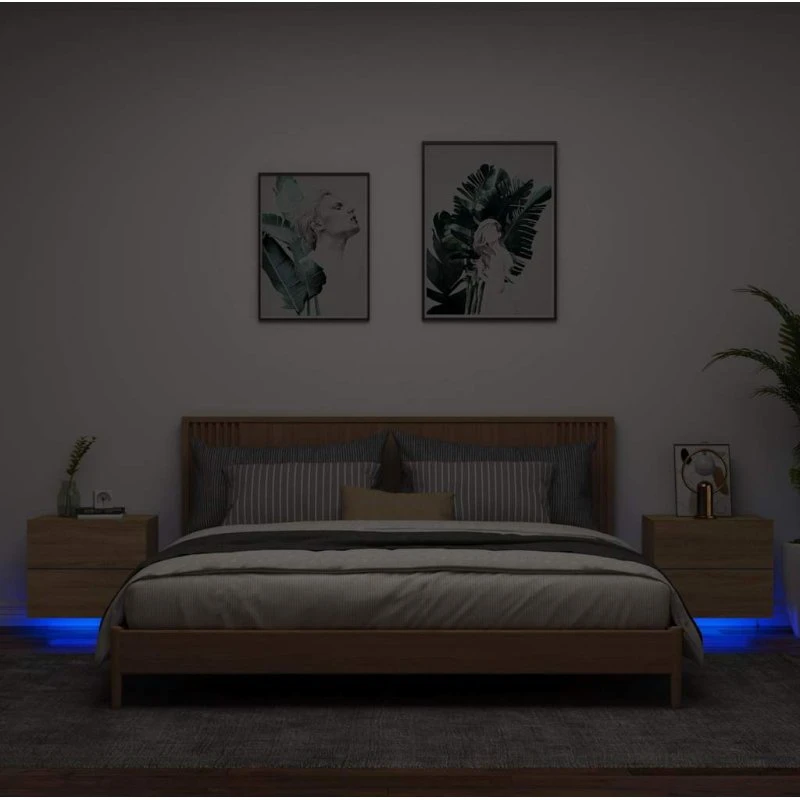 Væghængte sengeborde 2 stk. med RGB LED – Sonoma Eg