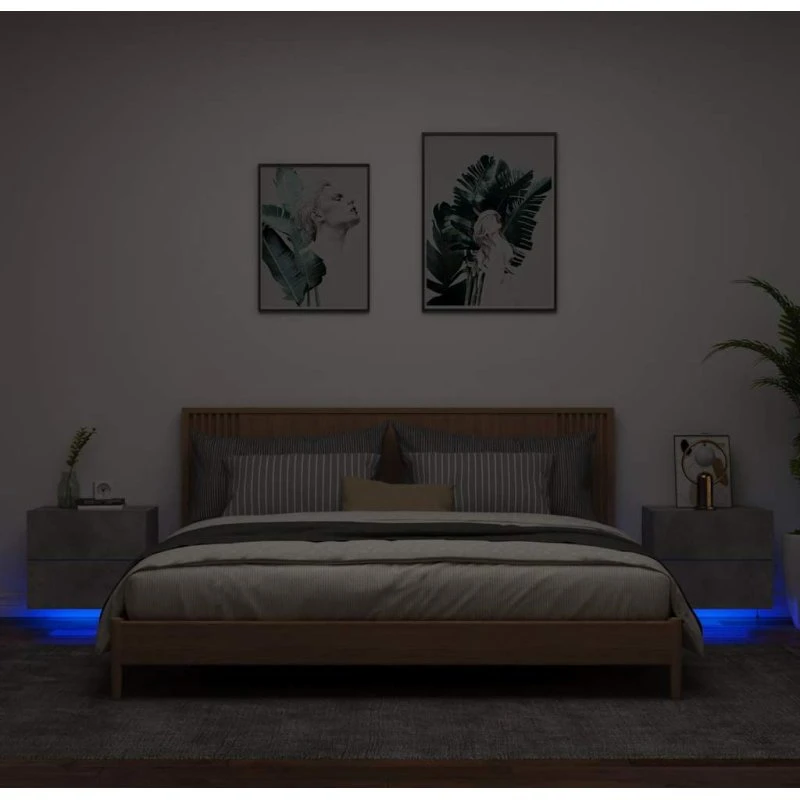 Væghængte sengeborde 2 stk. med RGB LED – Betongrå