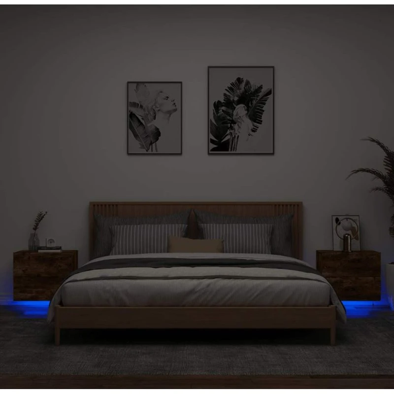 Væghængte sengeborde 2 stk. med RGB LED – røget egetræ