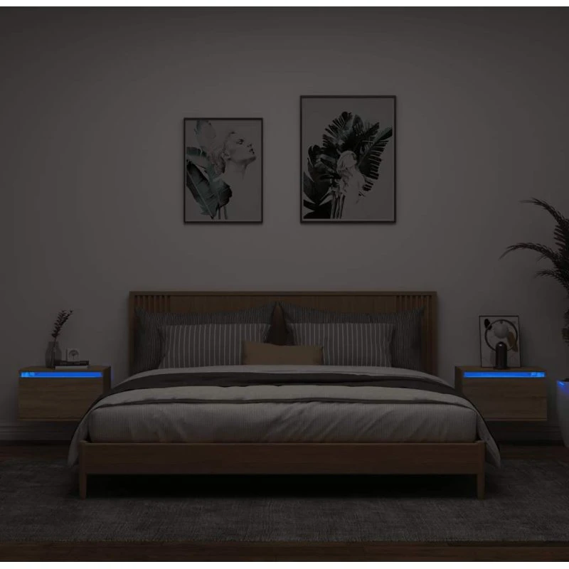 Væghængte sengeborde 2 stk. med RGB LED - Sonoma-eg