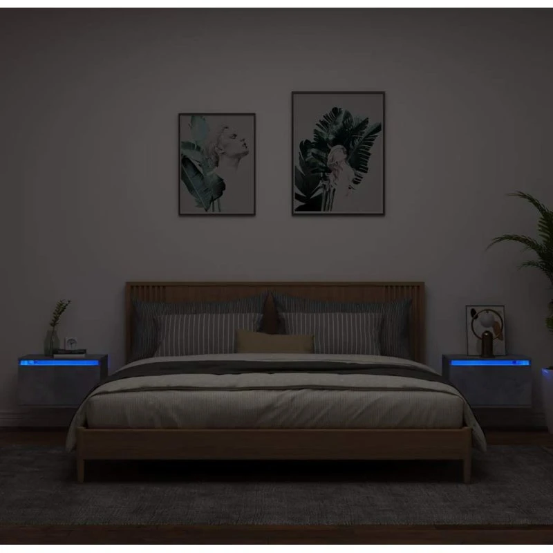 Væghængte sengeborde 2 stk. med RGB LED – Betongrå