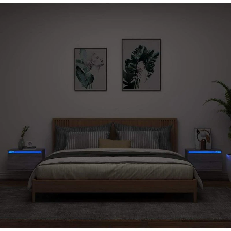 Væghængte sengeborde 2 stk. med RGB LED, grå sonoma-eg