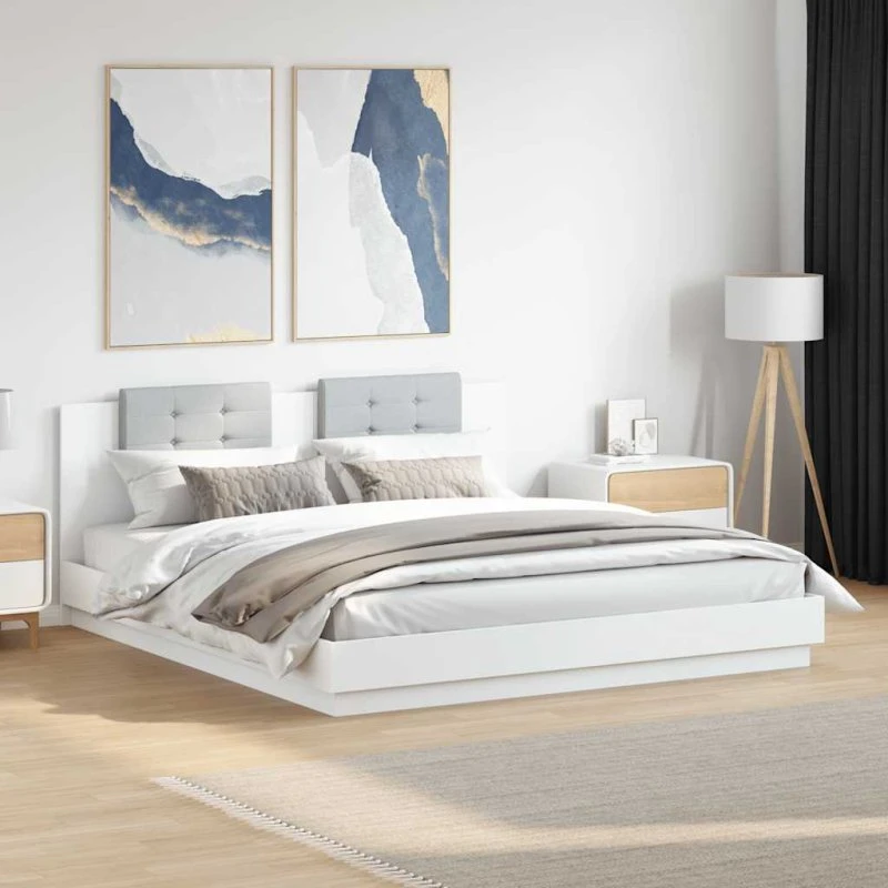 Sengeramme med sengegavl 200x200 cm i hvidt konstrueret træ
