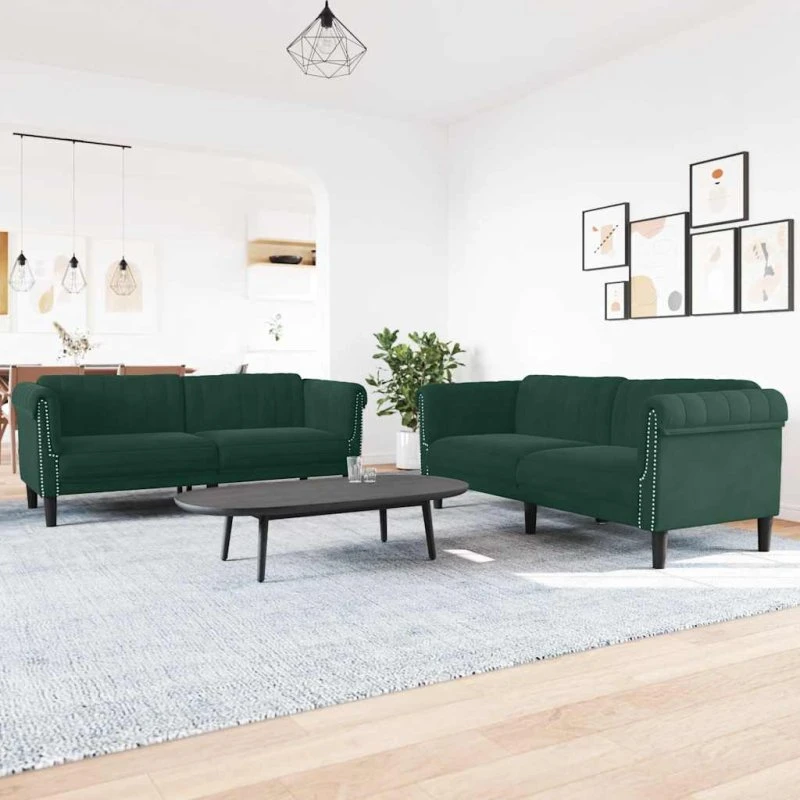 Sofasæt 3 dele i mørkegrøn velour
