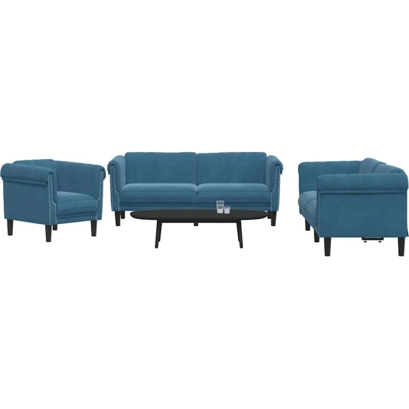 3-dele sofasæt i blå velour - komfortabelt og stilrent