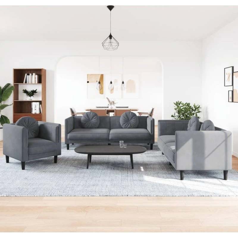 3-delers sofasæt i mørkegrå velour inkl. puder