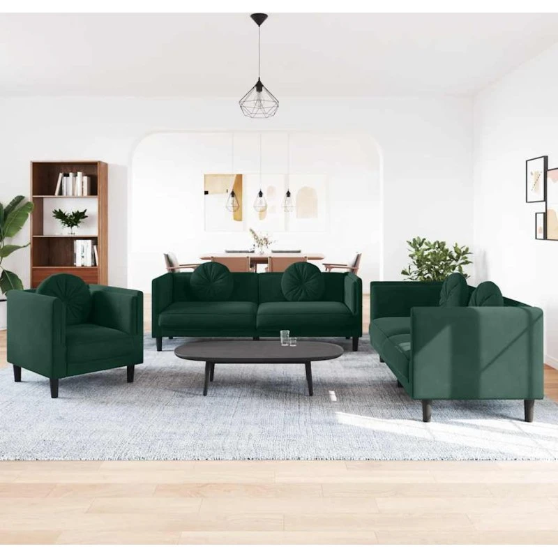 Sofasæt 3 dele i mørkegrøn velour med puder
