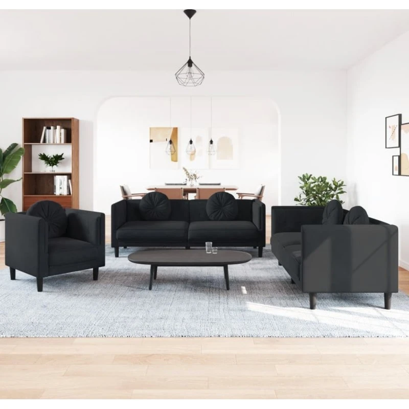 Sofasæt 3 dele i sort velour med puder