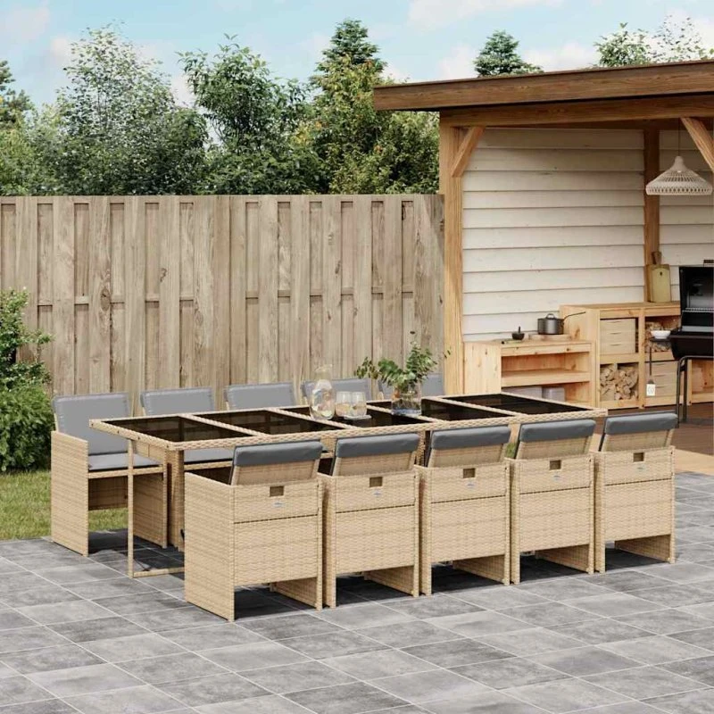 Spisebordssæt i polyrattan 11 dele med hynder – beige