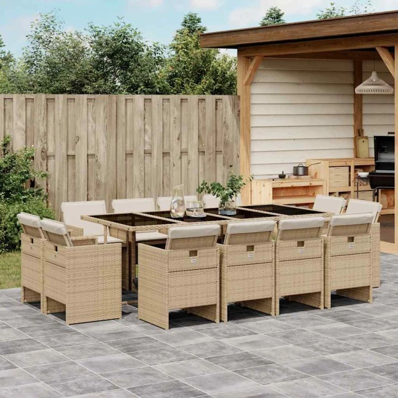 Spisebordssæt i polyrattan 13 dele – beige med hynder