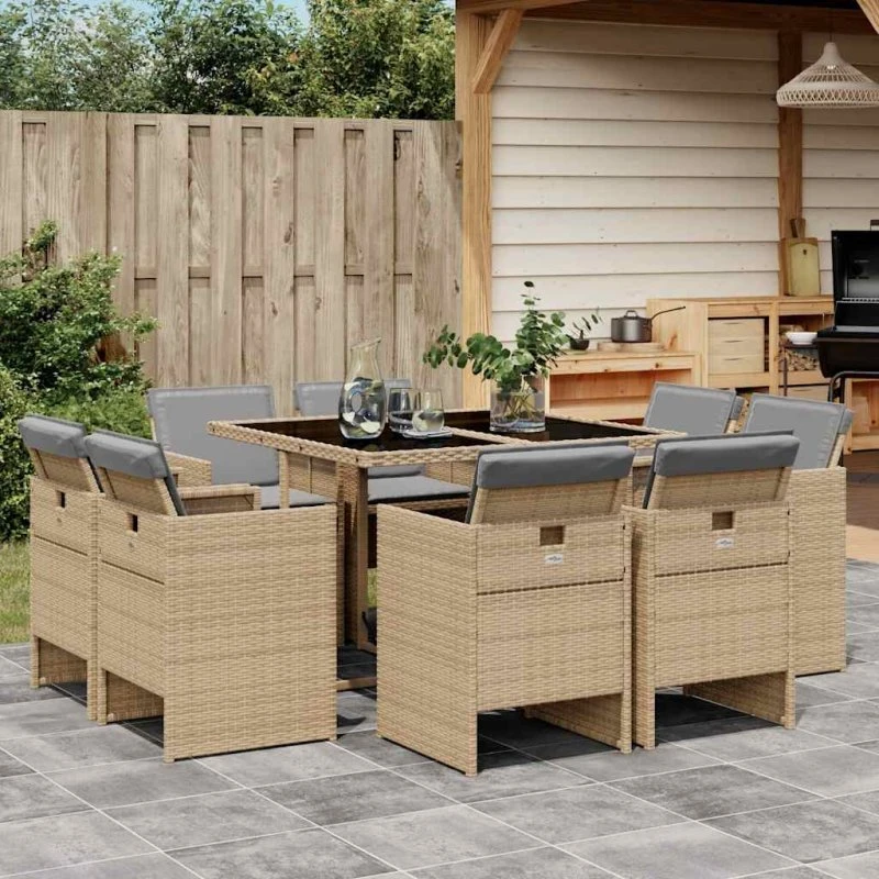 Havemøbelsæt 9 dele i polyrattan med hynder - beige