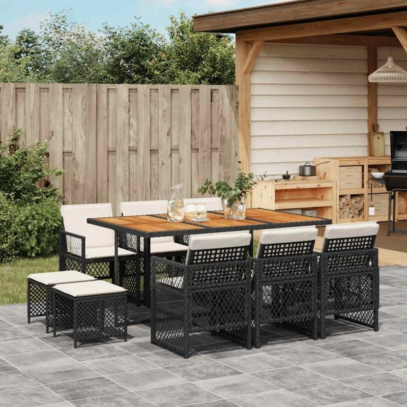 Polyrattan spisebordssæt 11 dele med hynder - sort/acacia