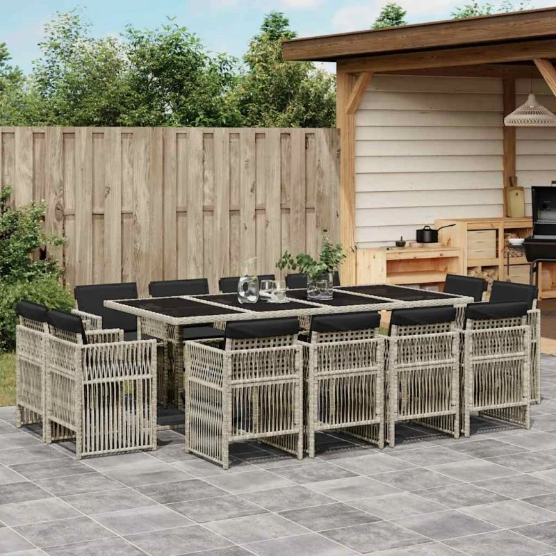 Spisebordssæt i lysegrå polyrattan 13 dele med hynder