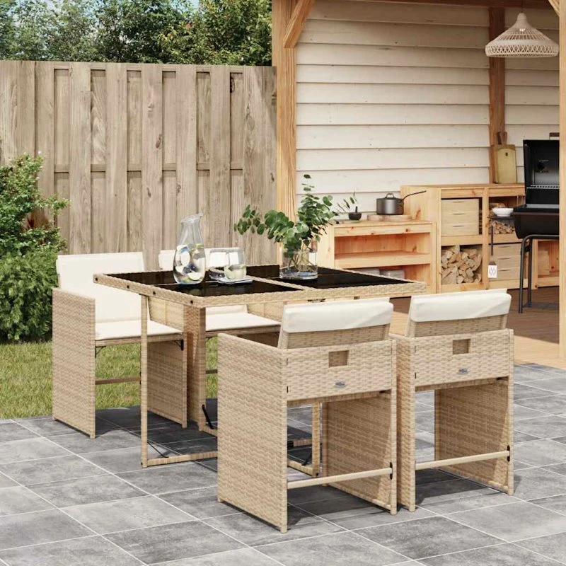Havemøbelsæt 5 dele i polyrattan - beige med hynder