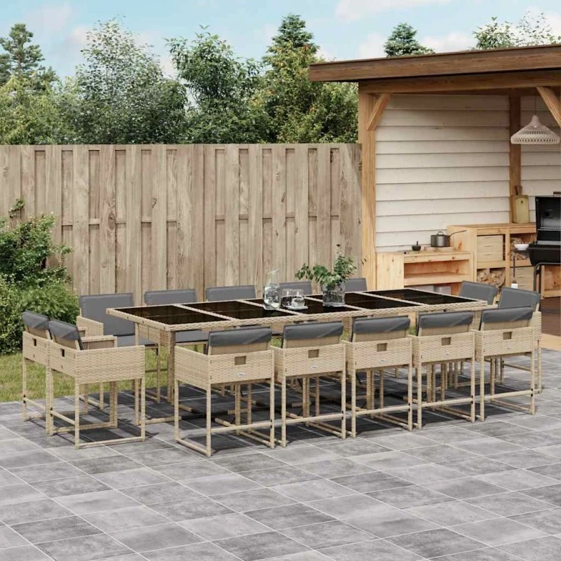 Spisebordssæt i polyrattan 15 dele med hynder – beige