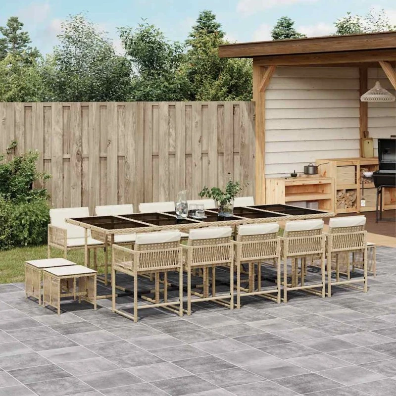 Havesæt i polyrattan 15 dele med hynder, beige