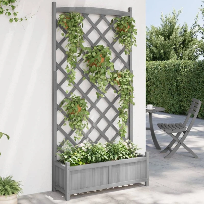 Plantekasse med espalier i massivt grantræ, grå
