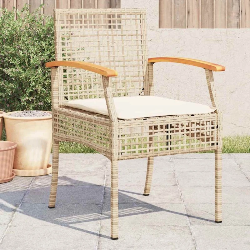 Havestole 4 stk. i polyrattan med hynder og akacietræ – beige