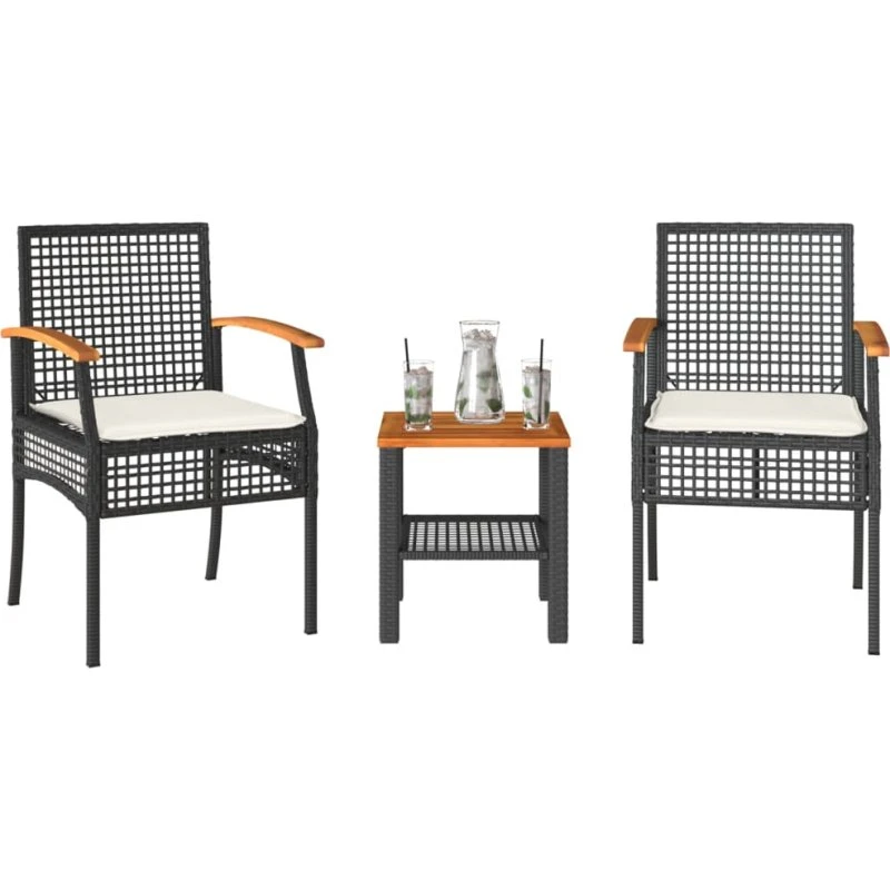 Bistrosæt 3 dele i polyrattan med akacietræ og hynder, sort
