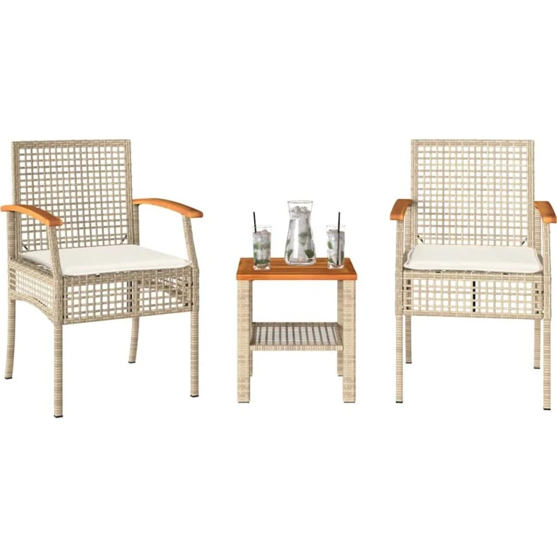 Bistrosæt 3 dele i polyrattan med hynder og akacietræ (beige)