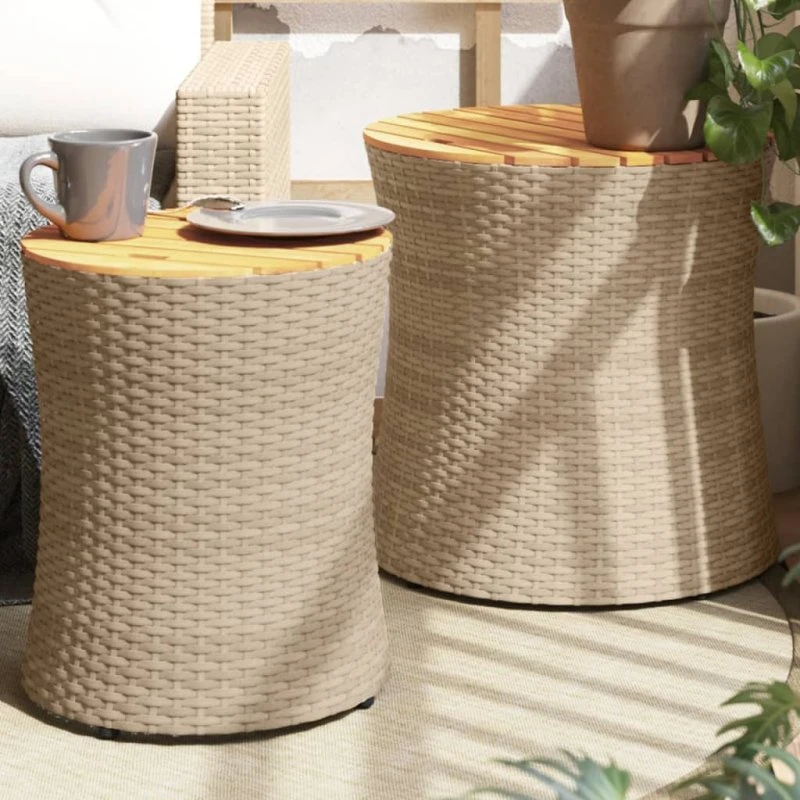 Haveborde 2 stk. polyrattan med træbordplade – beige