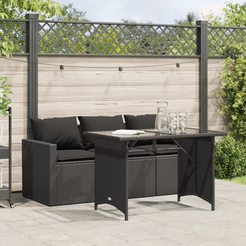 Spisebordssæt polyrattan 2 dele med hynder, sort