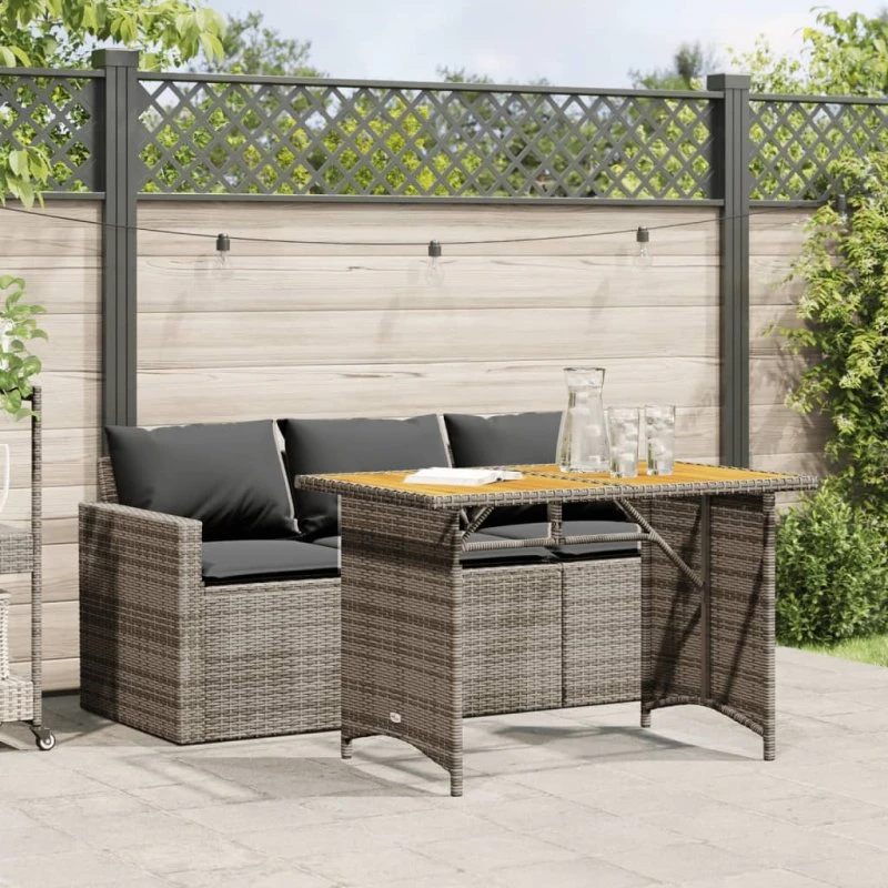 Spisebordssæt til haven 2 dele i grå polyrattan med hynder
