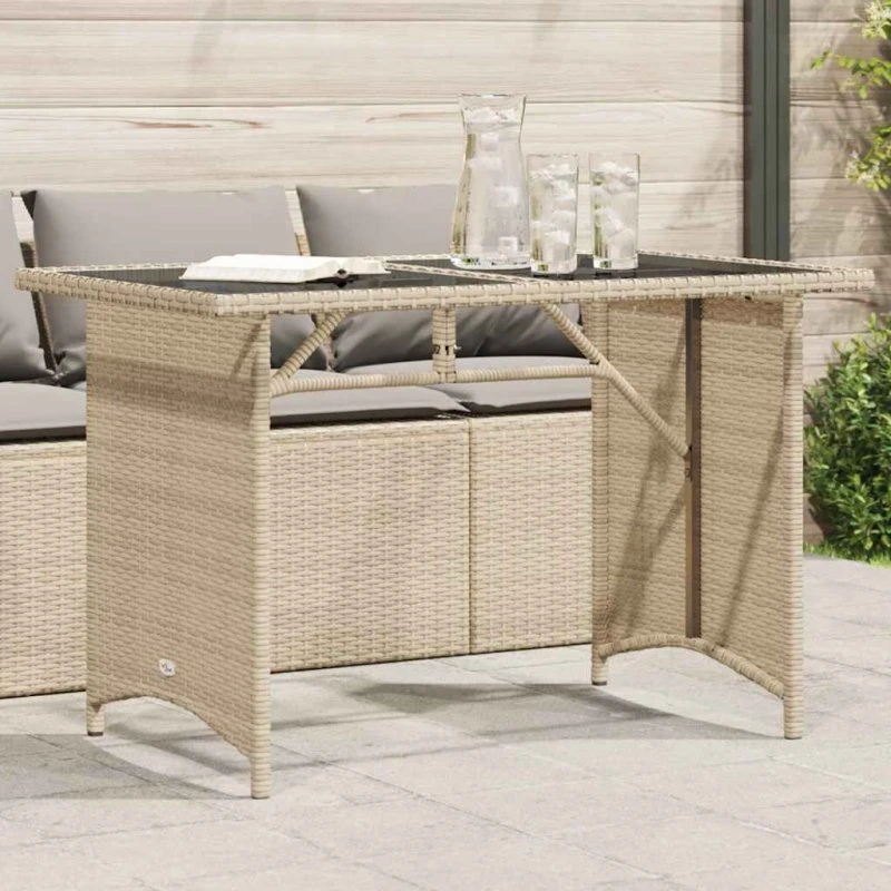 Havebord 110x68x70 cm i beige polyrattan med glastop