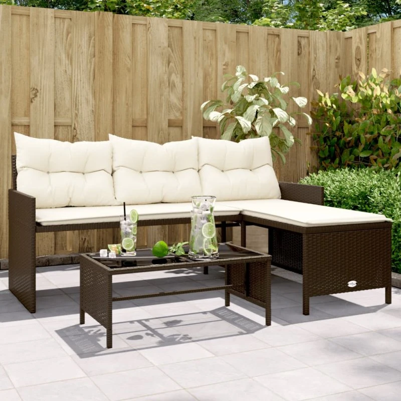L-formet havesofa i polyrattan med bord og hynder, brun