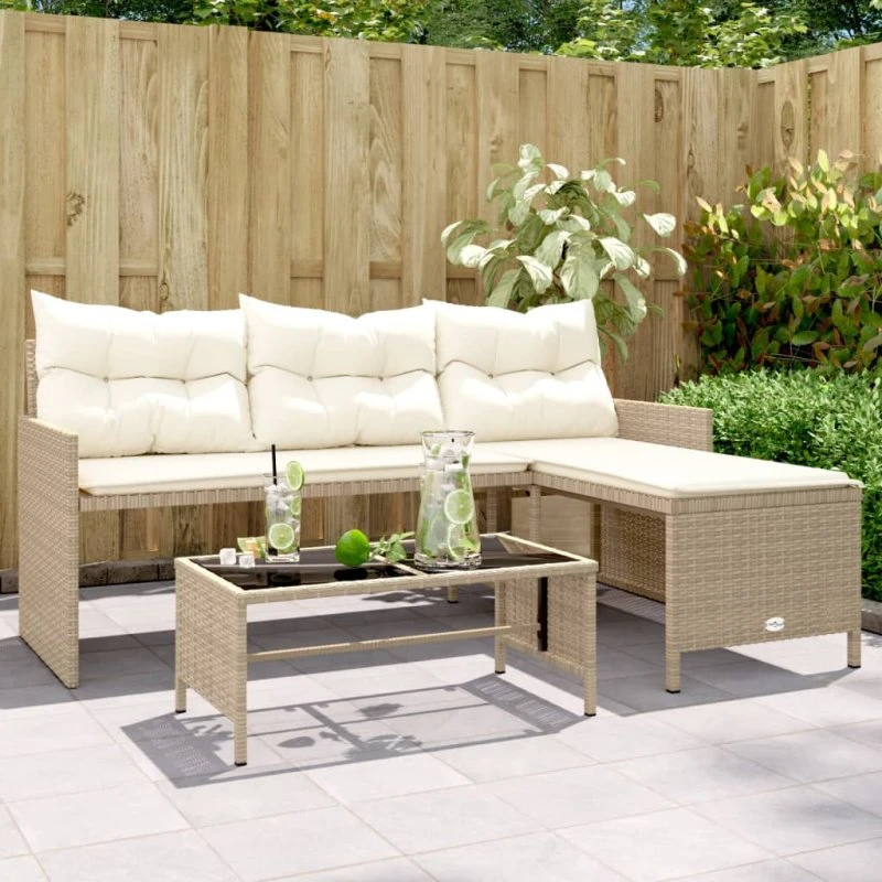 L-formet havesofa i polyrattan med bord og hynder - beige