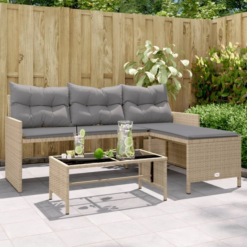 L-formet havesofa i polyrattan med bord og hynder (beige)