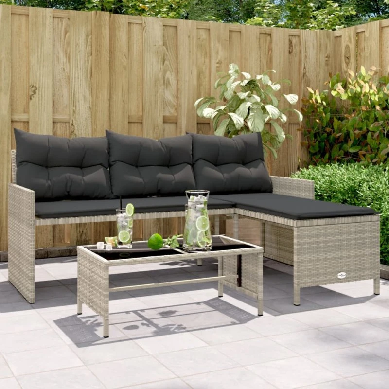 L-formet havesofa i lysegrå polyrattan med bord & hynder