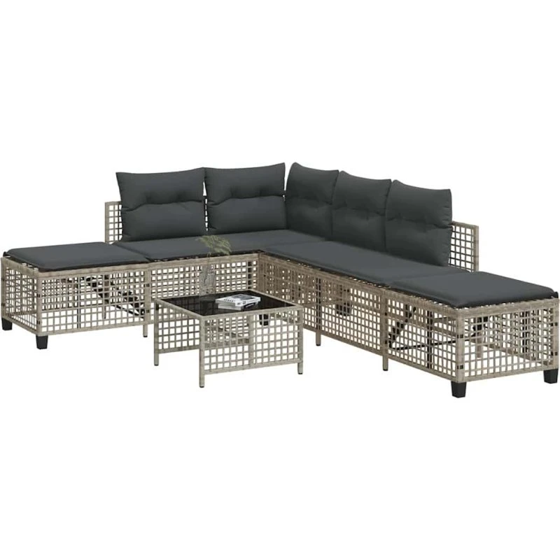 Hjørnesofasæt i polyrattan 3 dele med hynder, lysegrå