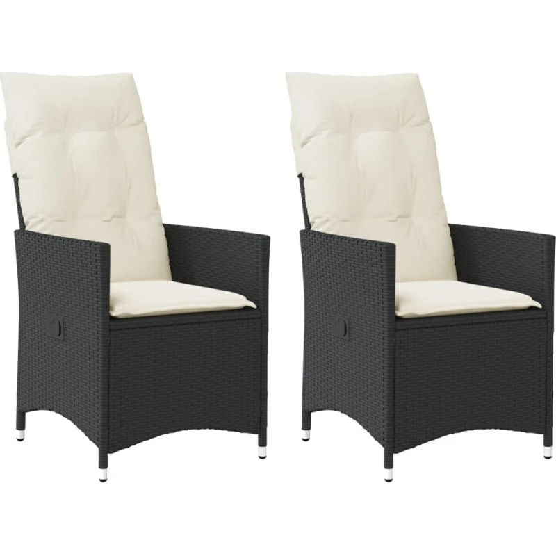 Havestole 2 stk. med hynder - justerbart ryglæn, polyrattan, sort