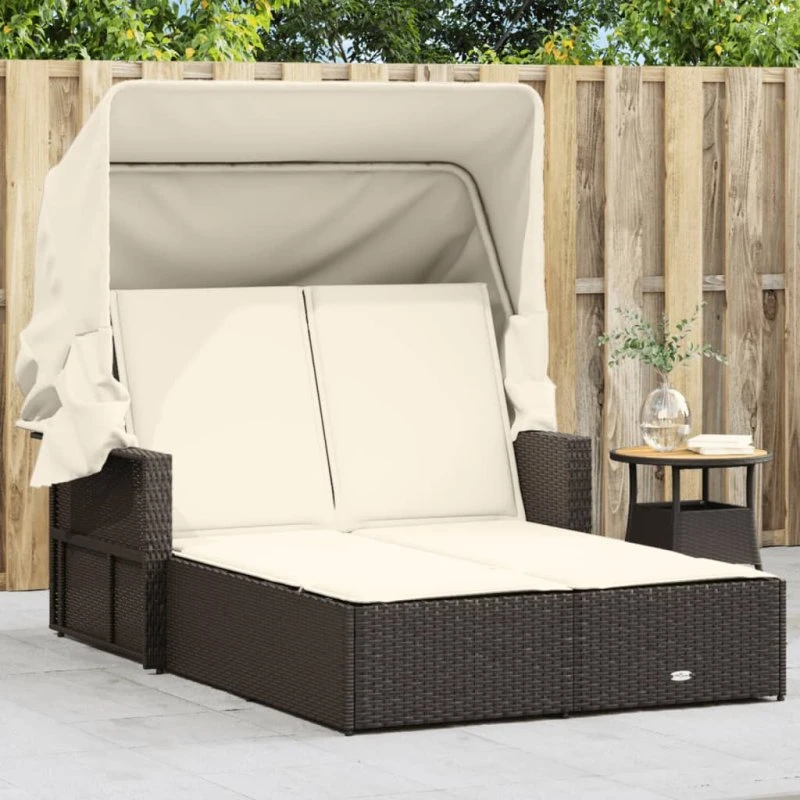 Solseng dobbel med baldakin & hynder i brun polyrattan