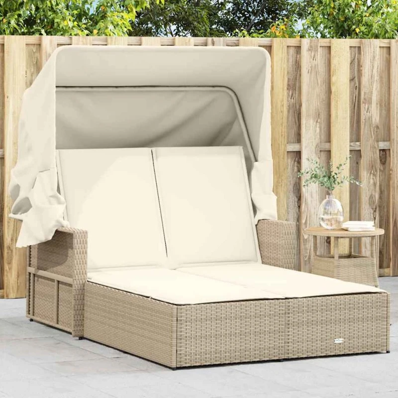 Dobbelt solseng med baldakin og hynder, polyrattan beige