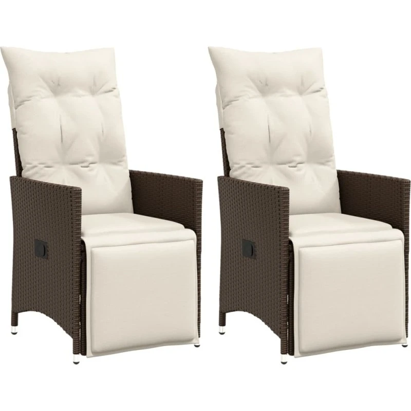 Havestole 2 stk. i brun polyrattan med lænefunktion og hynder