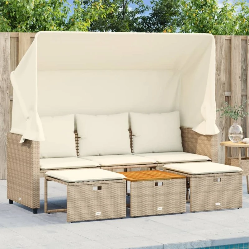 3-personers polyrattan havesofa med baldakin og skamler, beige