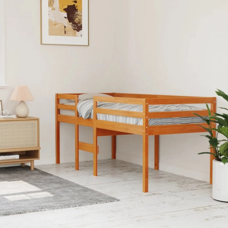 Højseng 90x190 cm i massivt fyrretræ, gyldenbrun