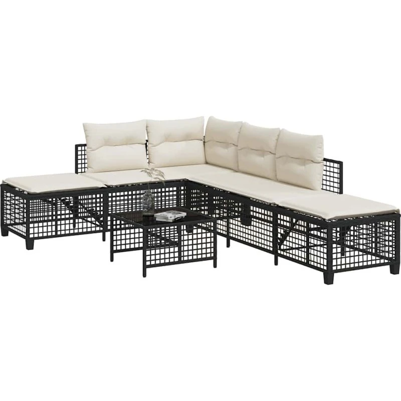 Hjørnesofasæt 3 dele i sort polyrattan med hynder