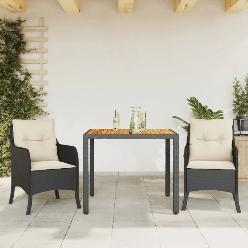Spisebordssæt 3 dele i sort polyrattan med hynder