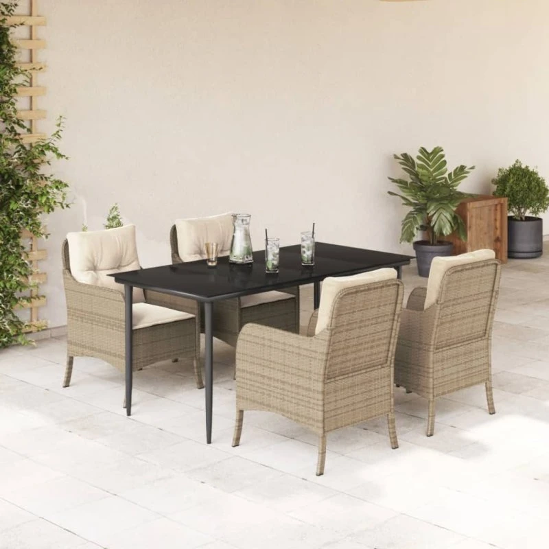 Spisebordssæt til haven 5 dele i beige polyrattan med hynder