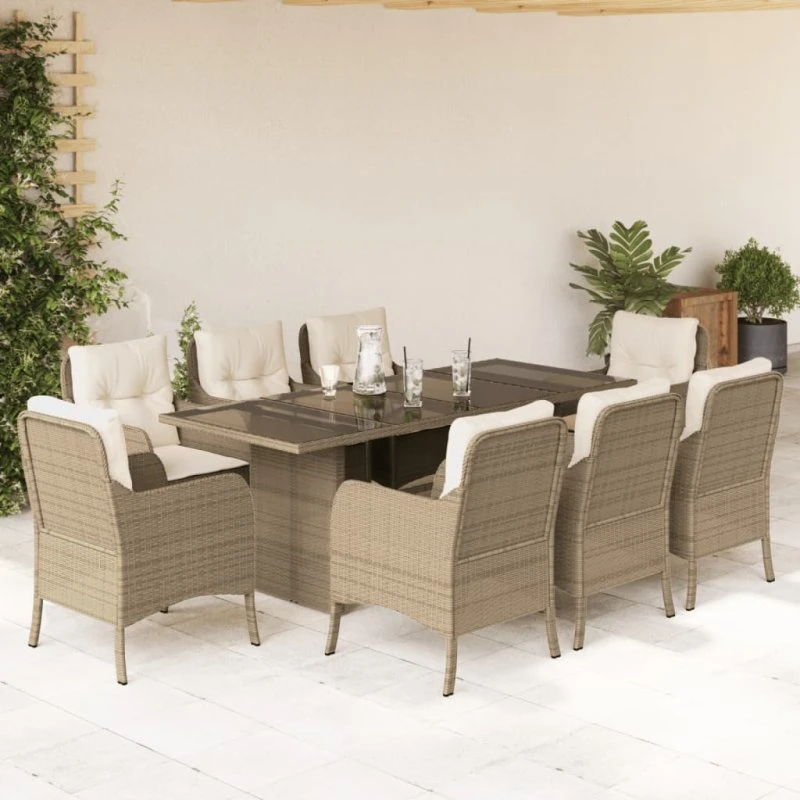 9-delers havemøbelsæt i polyrattan med hynder, beige