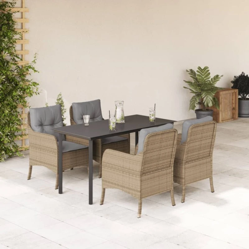 Havesæt 5 dele i beige polyrattan med hynder